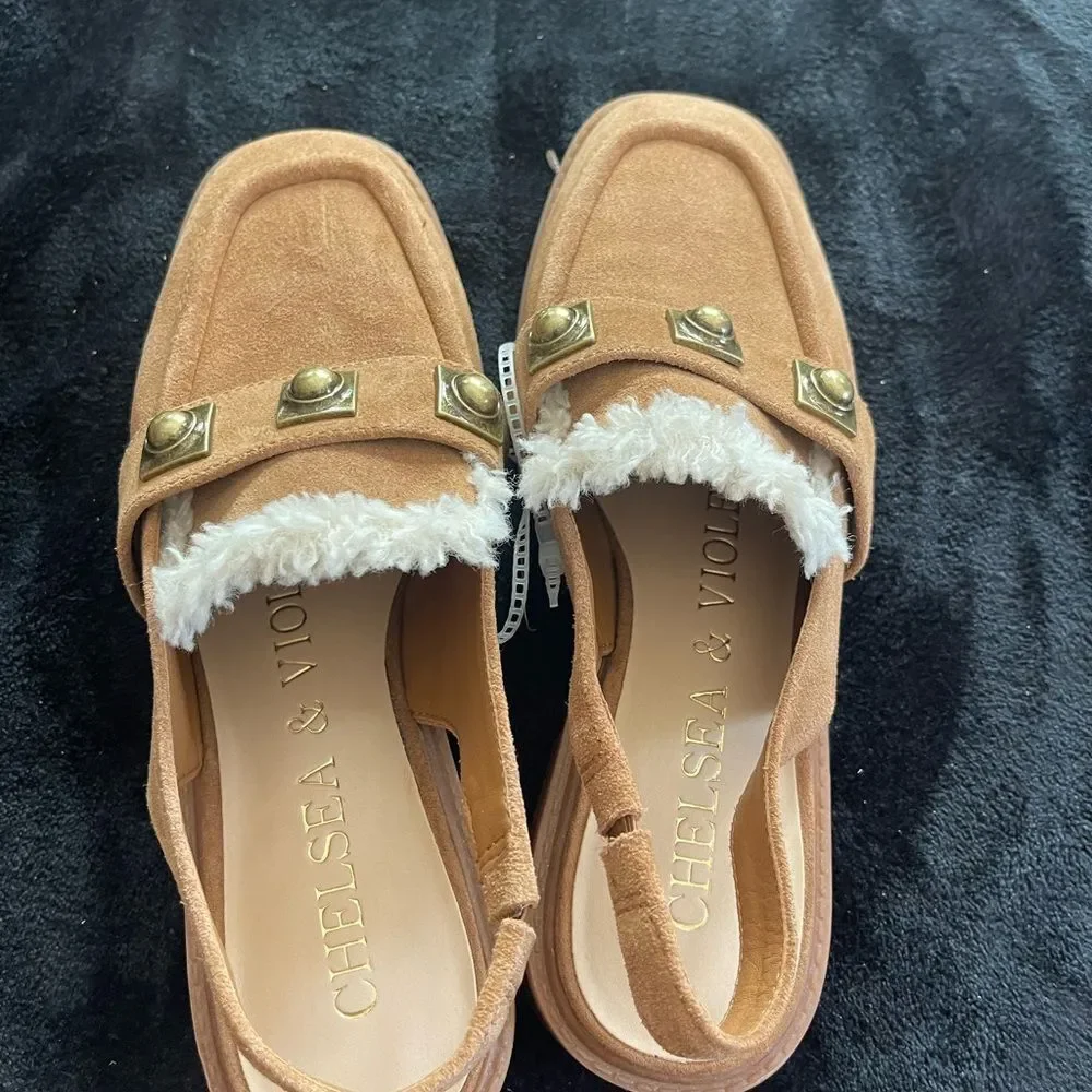 Chelsea & Violet tan suede sling‎ back mules, new without tags, size 7